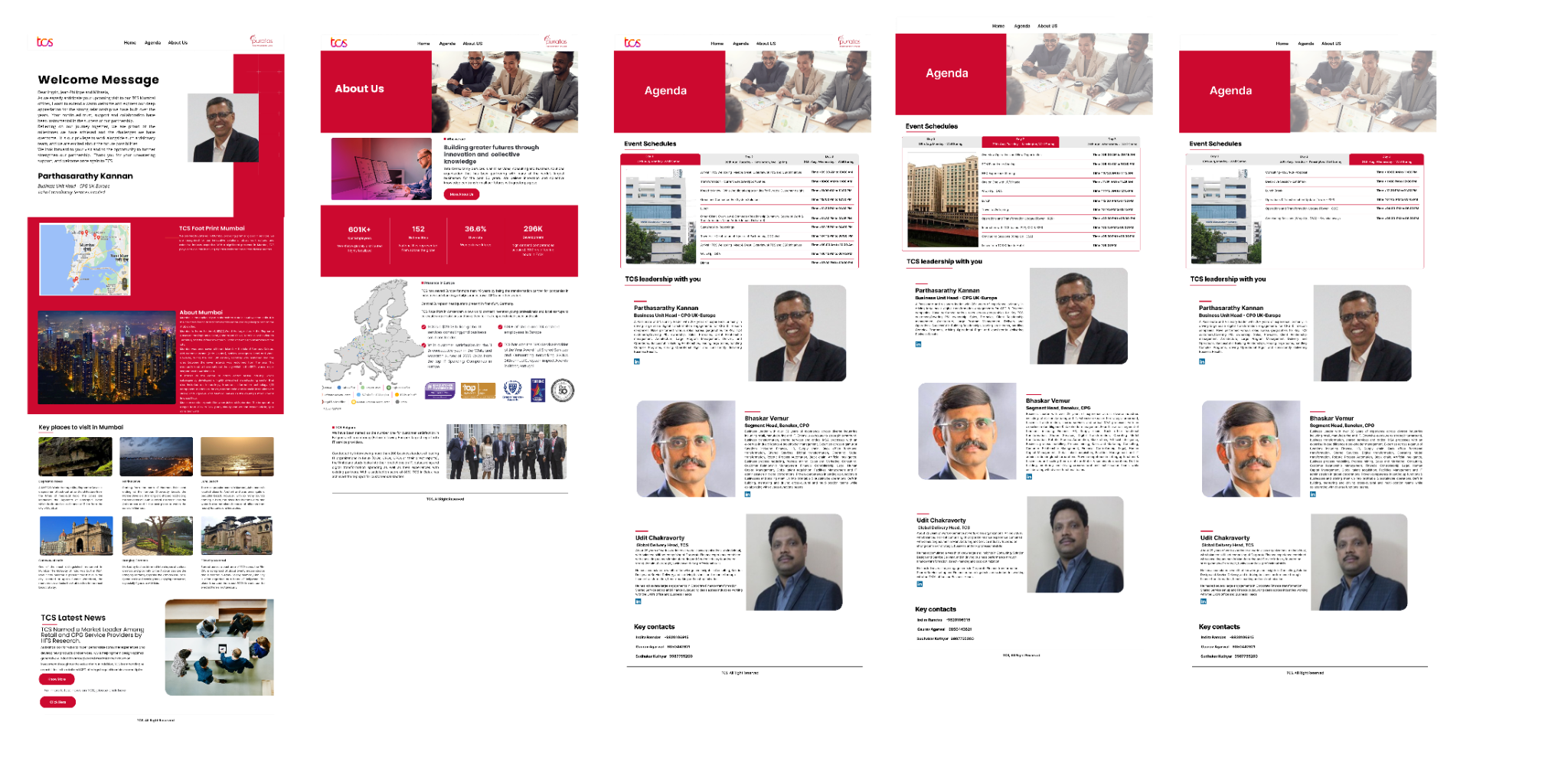 Corporate event website designs with agenda and leadership sections