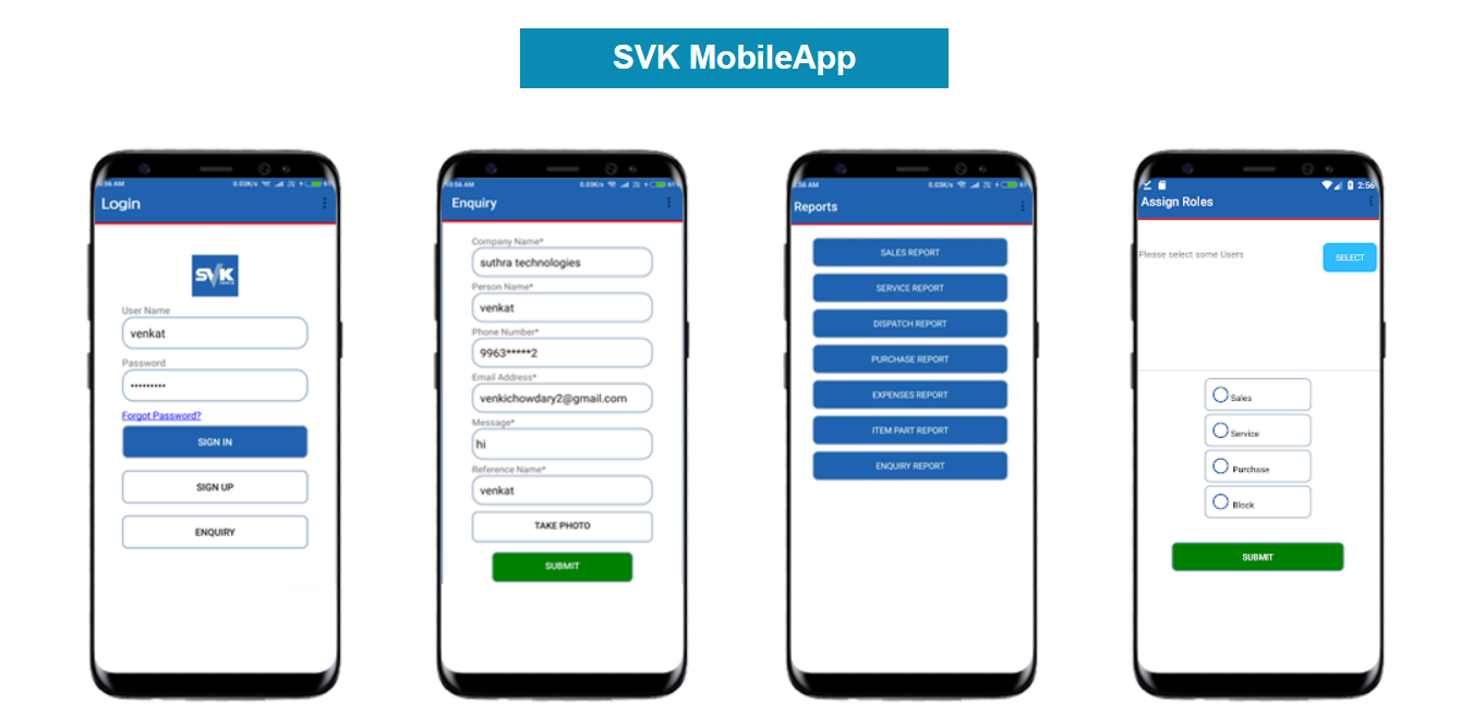 SVK business mobile app login, enquiry, reports, and user roles screens
