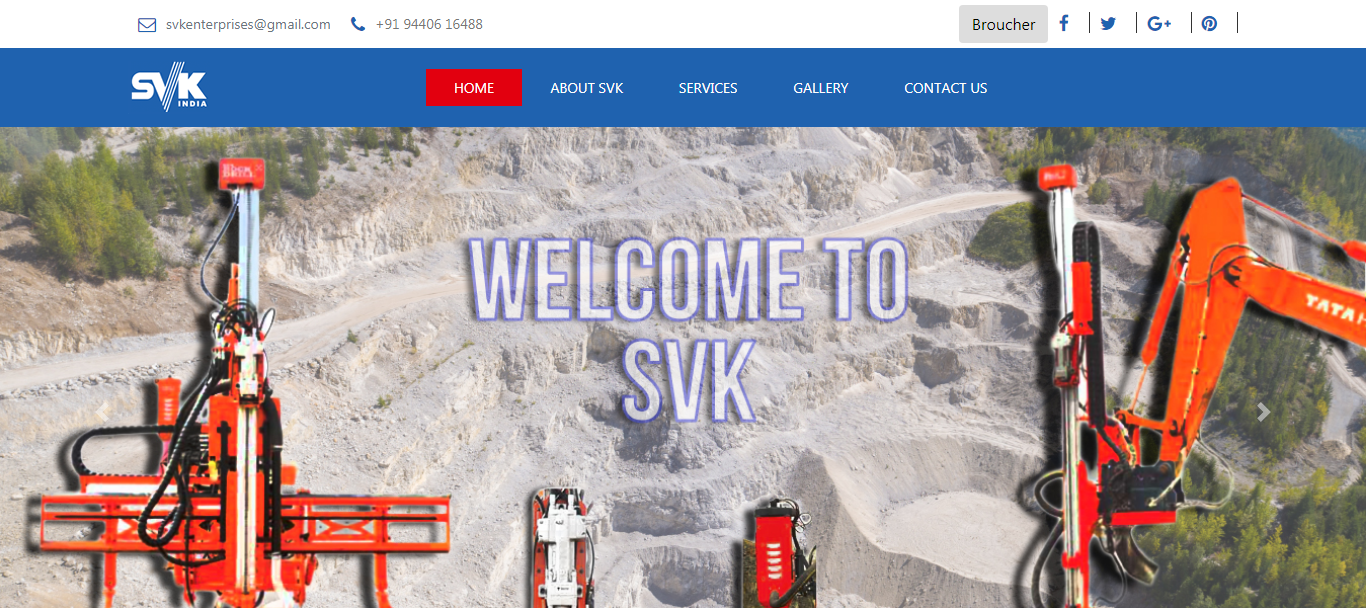 SVK India corporate website with industrial machinery hero image