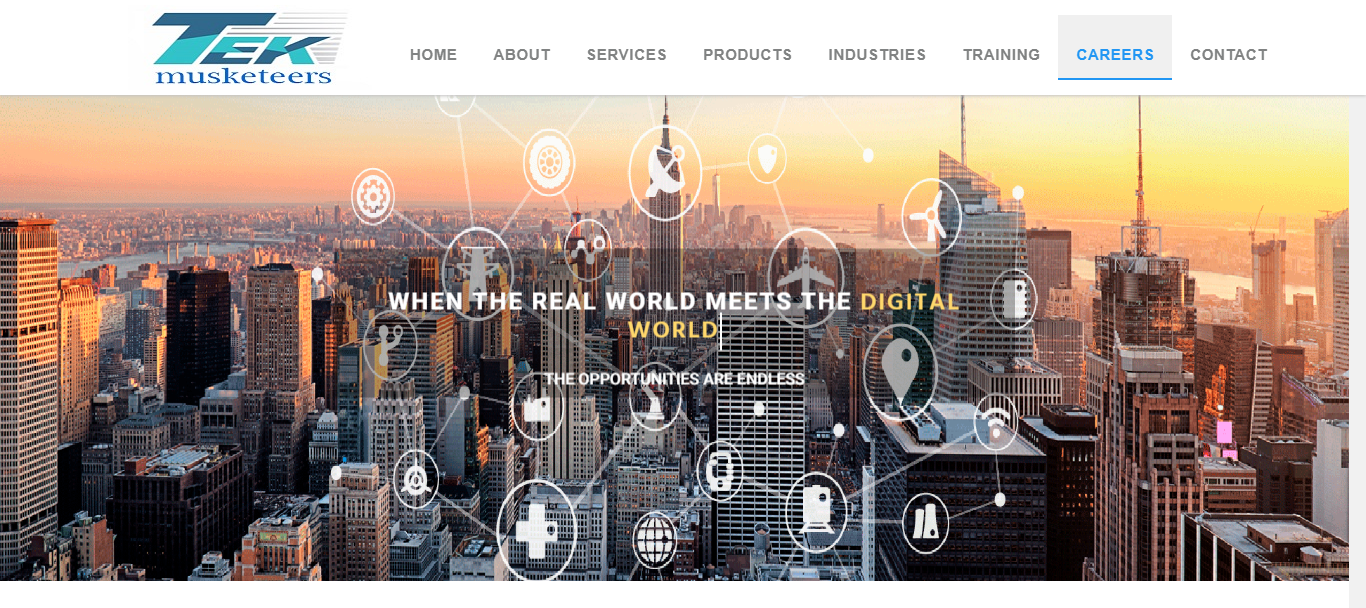 Technology company website with city skyline and digital industry visual